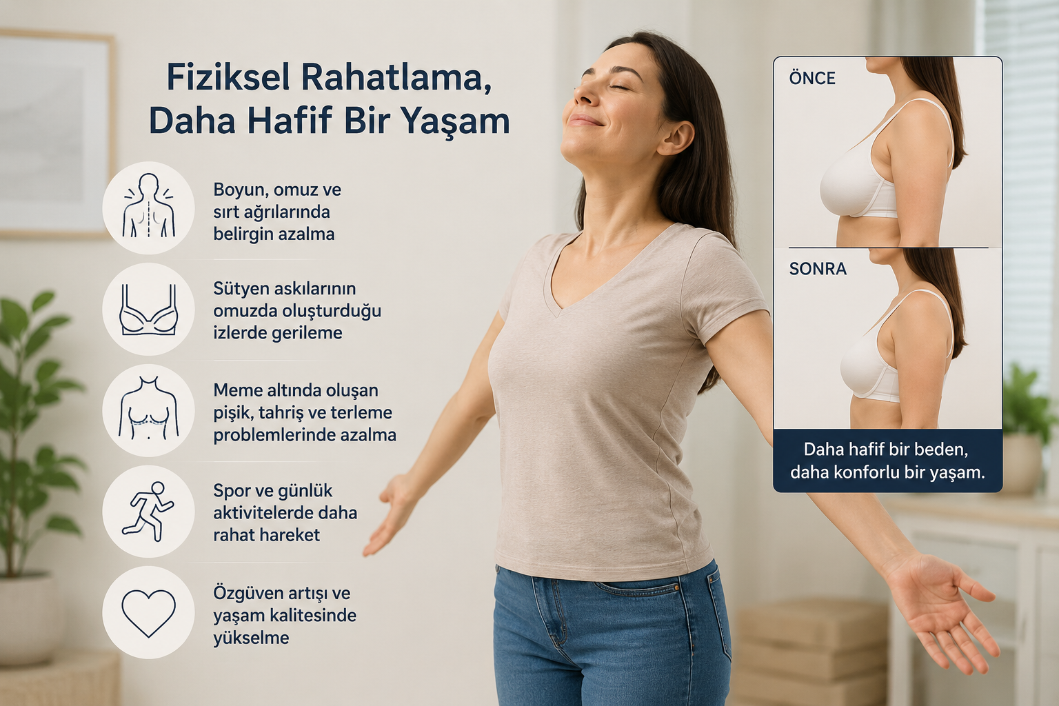 Meme küçültme ameliyatı sonrası boyun, sırt ve omuz yükünün azalmasıyla günlük yaşamda fiziksel rahatlama